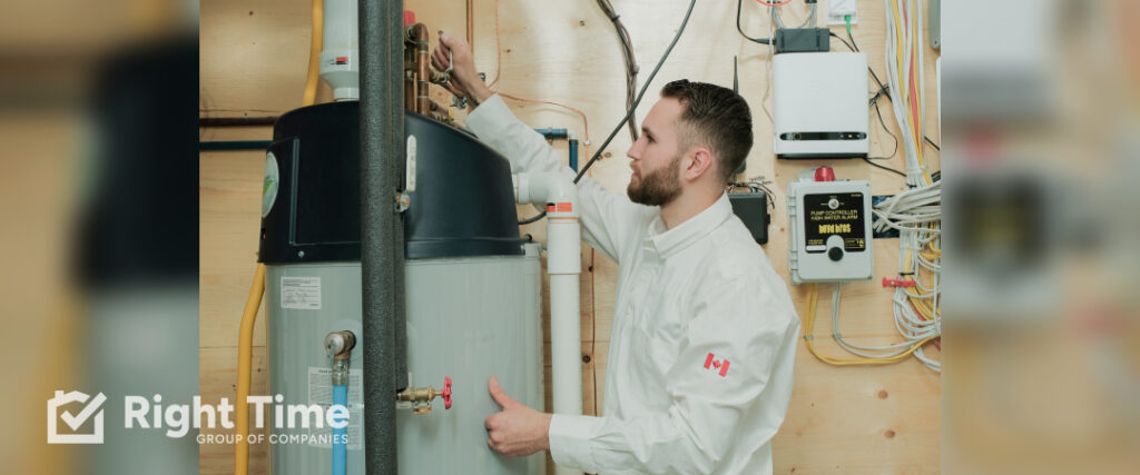A technician is inspecting a residential water heater for winter performance and warning signs.